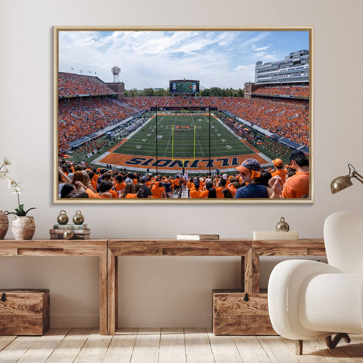 The Illinois stadium packed with orange-clad fans makes for a premium University of Illinois canvas wall art.