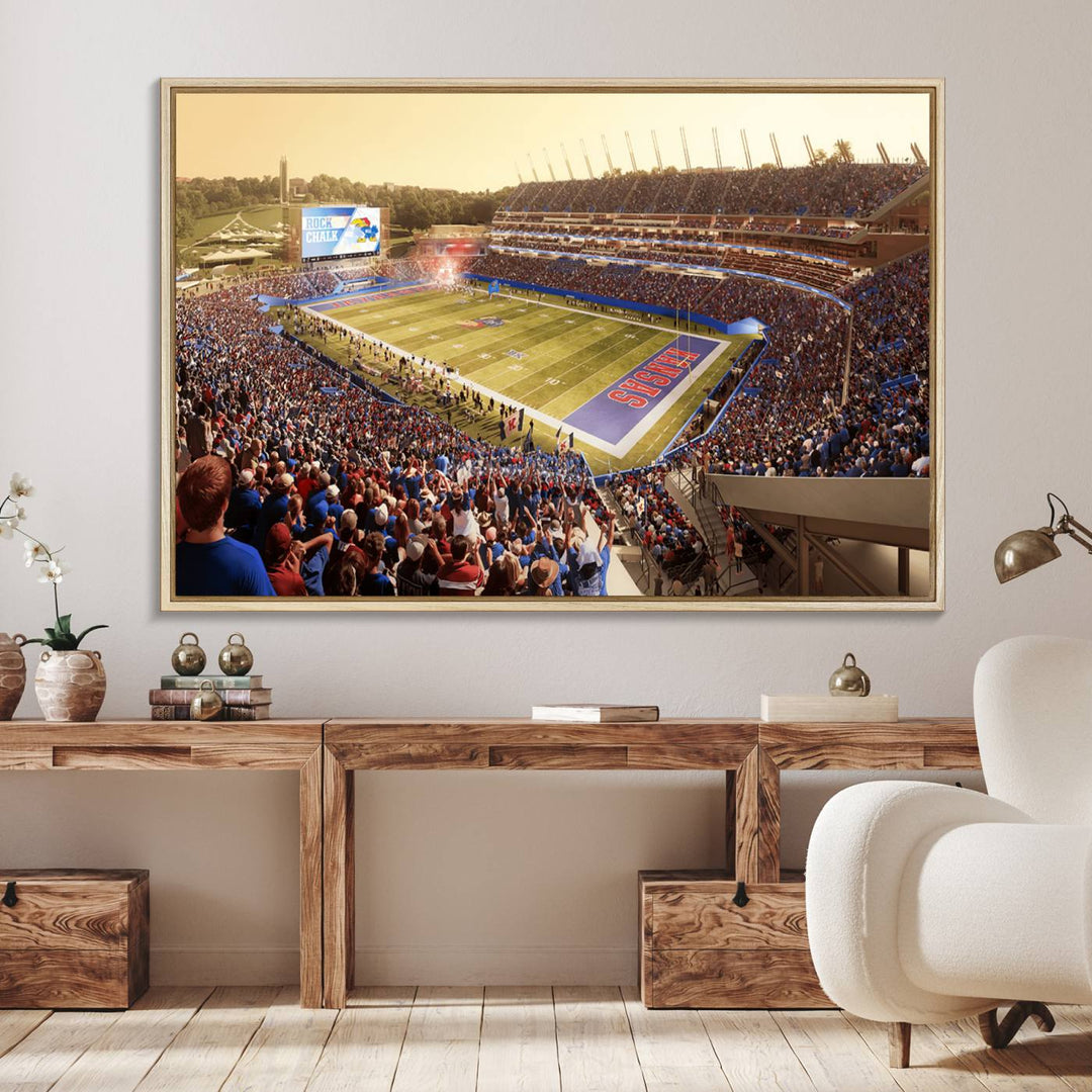 A premium University of Kansas Jayhawks Football Team canvas print captures the essence of a sunset football game, filling the stadium with vibrant energy.