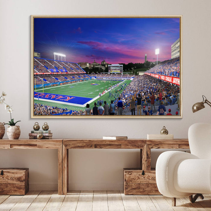 A canvas art piece depicting the Kansas Jayhawks stadium at twilight, vibrant in a modern setting.