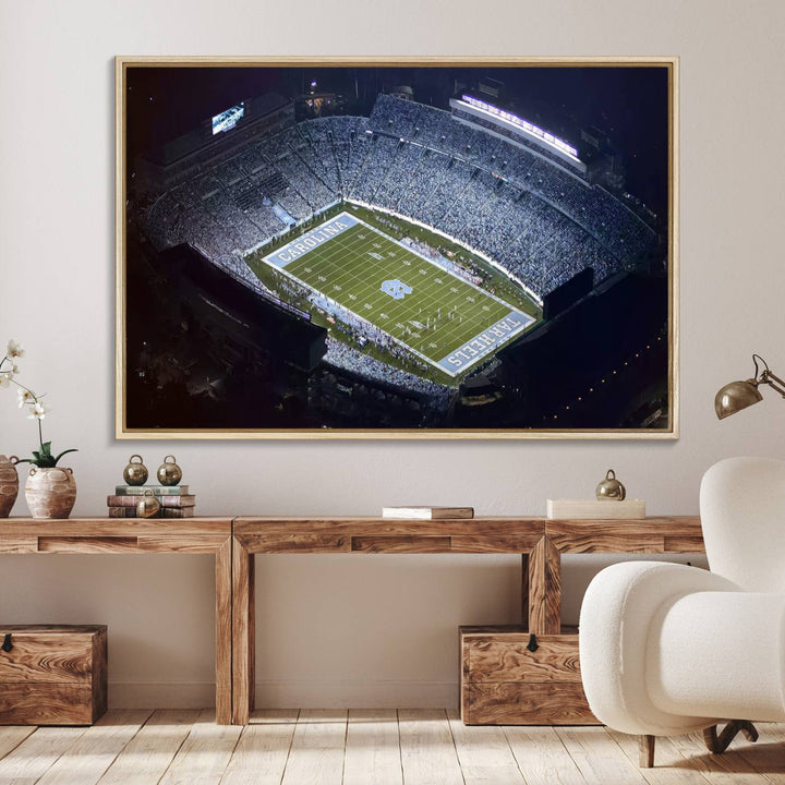 Aerial view of UNC Tar Heels night game at Kenan Memorial Stadium, perfect wall art canvas for fans.