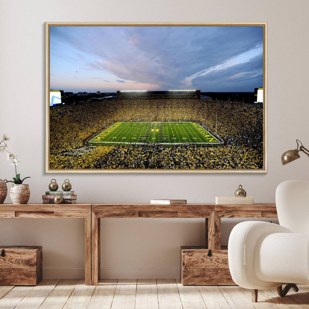 Gallery-quality canvas print of Michigan Stadium at sunset.