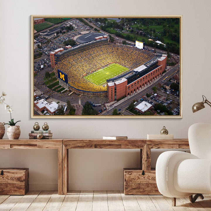 Canvas print featuring an aerial view of Ann Arbor Michigan Stadium filled with Wolverines fans.