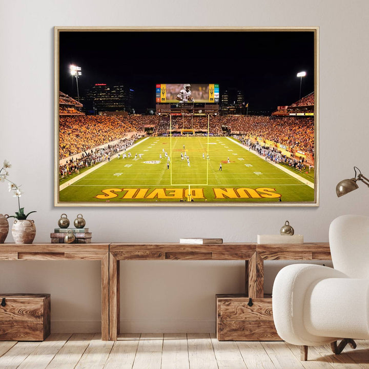 ASU Sun Devils Football Team Print - Wall Art Canvas featuring the Sun Devils end zone at Phoenix Mountain America Stadium.