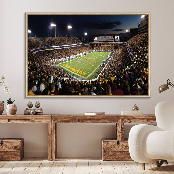 A room featuring an ASU Sun Devils Football Team Print, capturing fans at Phoenix Mountain America Stadium at dusk.