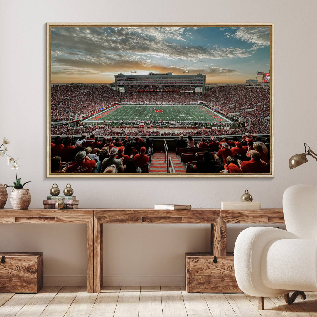 This stunning canvas wall art print features a packed Lincoln Memorial Stadium with the University of Nebraska Cornhuskers at sunset.