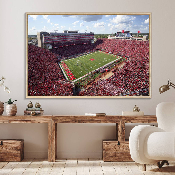 Wall art canvas print depicting a wide-angle view of Lincoln Memorial Stadium during a University of Nebraska game.