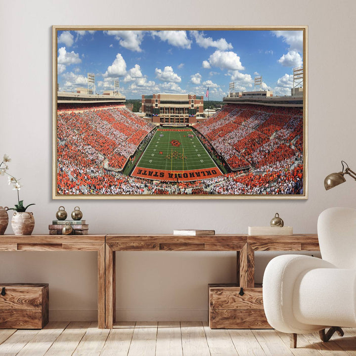 Boone Pickens Stadium was adorned with vibrant murals of Cowboys under a bright blue, cloud-speckled sky.