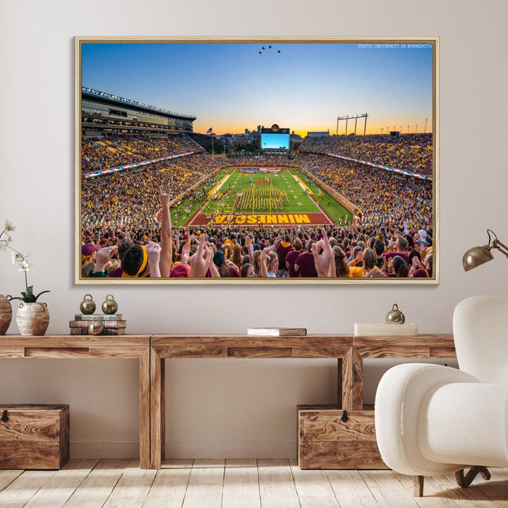 The University of Minnesota Golden Gophers Football Team Print, capturing a sunset scene, is ideal for gallery-quality wall art.