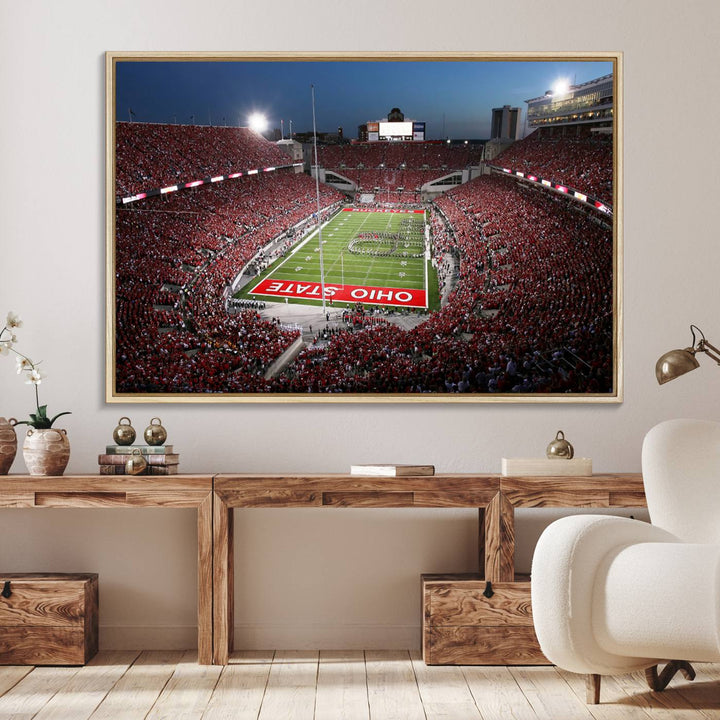 Premium gallery-quality canvas wall art featuring an aerial view of a packed Ohio State stadium at dusk, highlighting the Buckeyes.