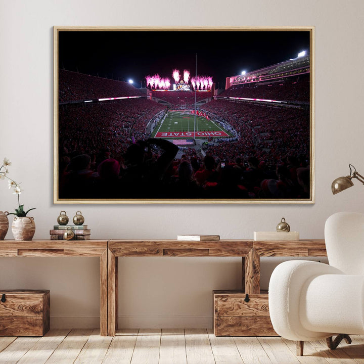 Premium canvas wall art featuring Ohio State University Buckeyes football stadium and fireworks.