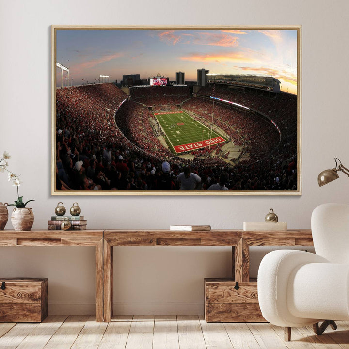 The canvas wall art captures a stunning stadium view of a sunset over Ohio State University Buckeyes football fans.