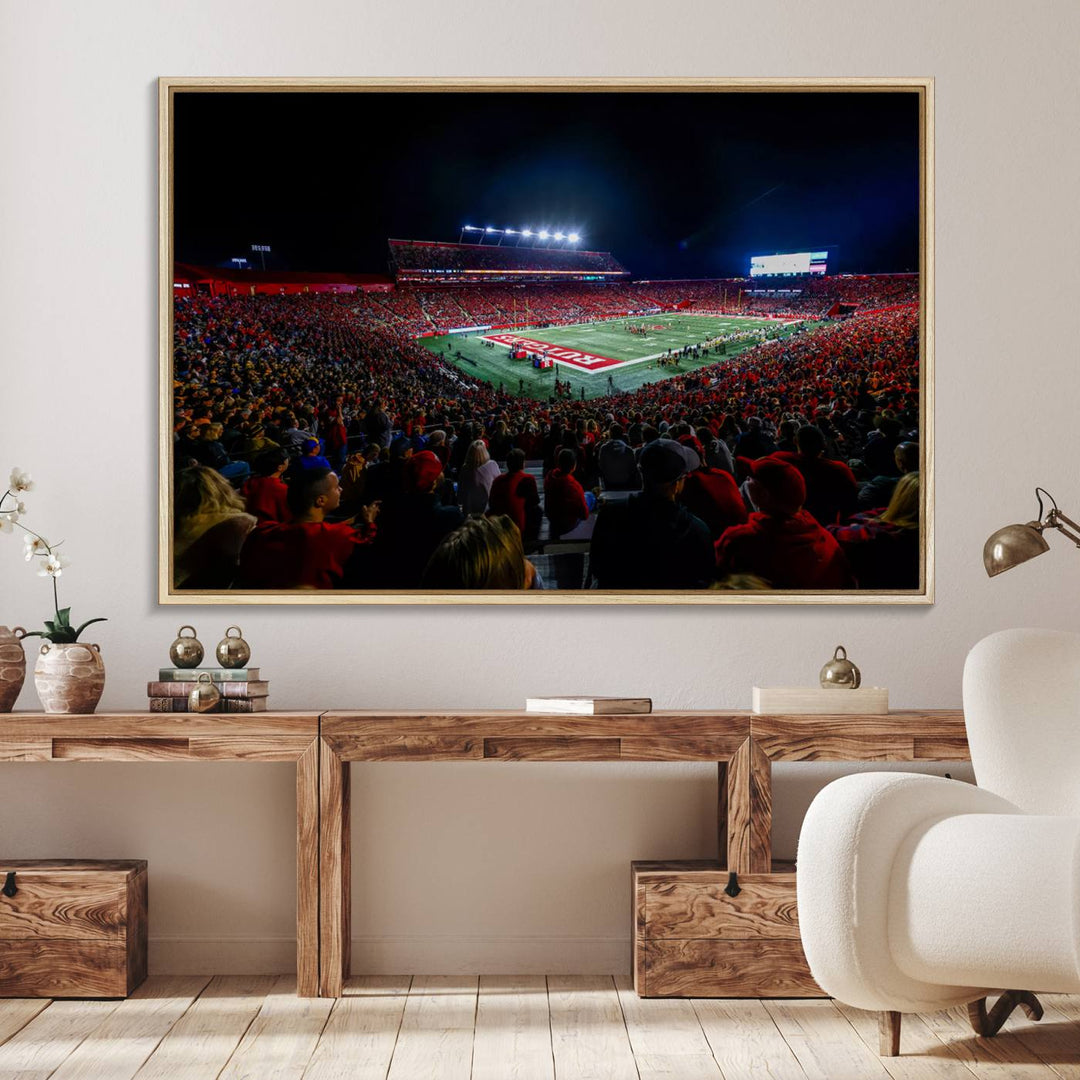 A premium canvas wall art print depicting Rutgers Scarlet Knights SHI Stadium filled with fans under vibrant lights.