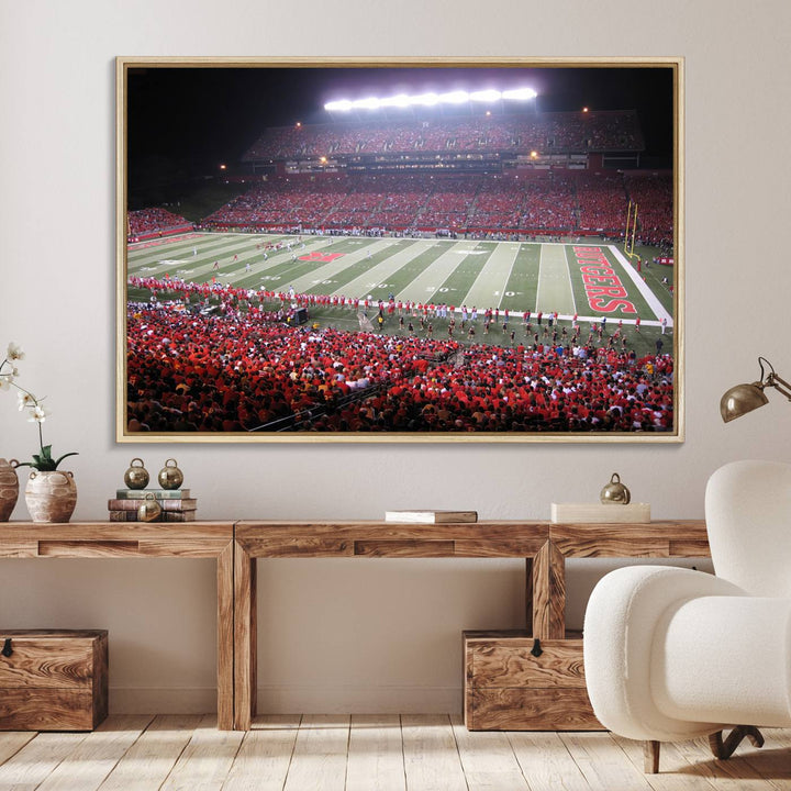 A bustling night game at SHI Stadium is captured as Rutgers Scarlet Knights wall art on a gallery-quality canvas print.