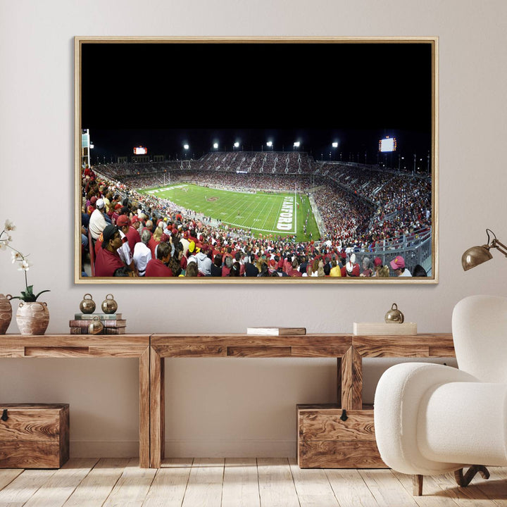 This Stanford University Cardinal Football Team canvas print, depicting fans in red filling Stanford Stadium at night, is perfect.