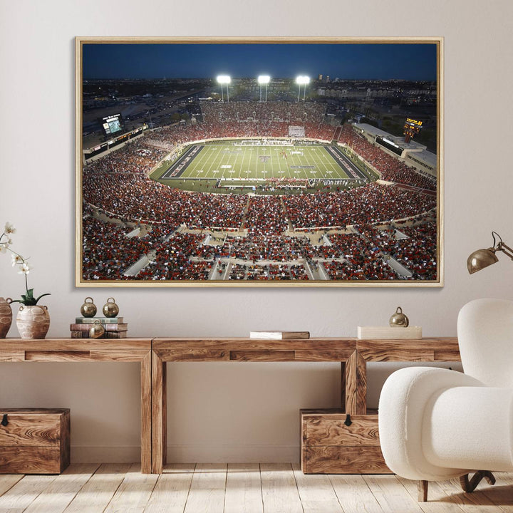 Canvas wall art featuring an aerial view of the Texas Tech Red Raiders packed night game at Lubbock’s Jones AT&T Stadium.