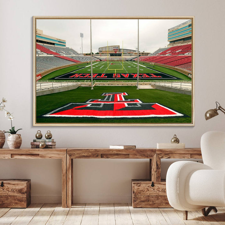 Gallery-quality print of Lubbock Jones AT&T Stadium featuring the Texas Tech Red Raiders field, highlighted by red and gray bleachers.