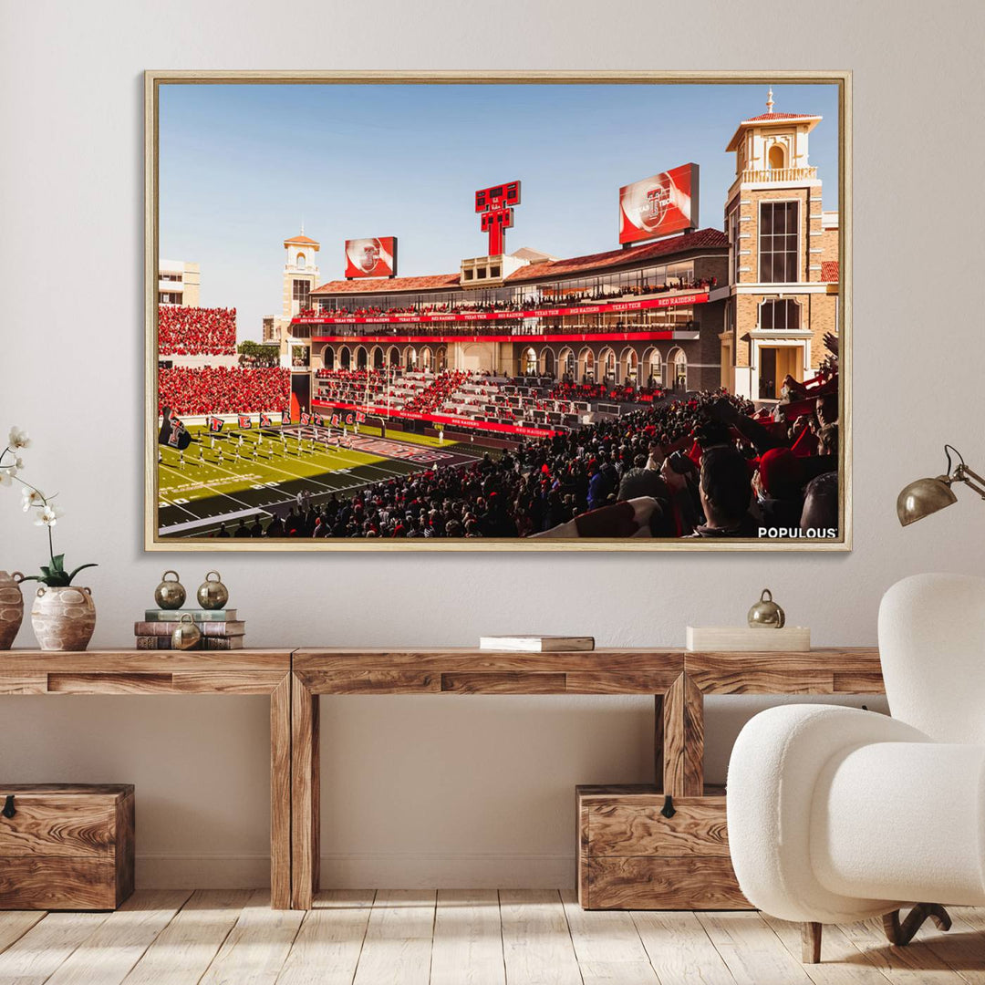 The three-panel Jones AT&T Stadium wall art is ideal for enhancing the living room decor of college football fans.