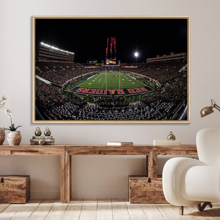 The wall features a Texas Tech Red Raiders Football Team Print on canvas, showcasing fireworks over a packed stadium at night.