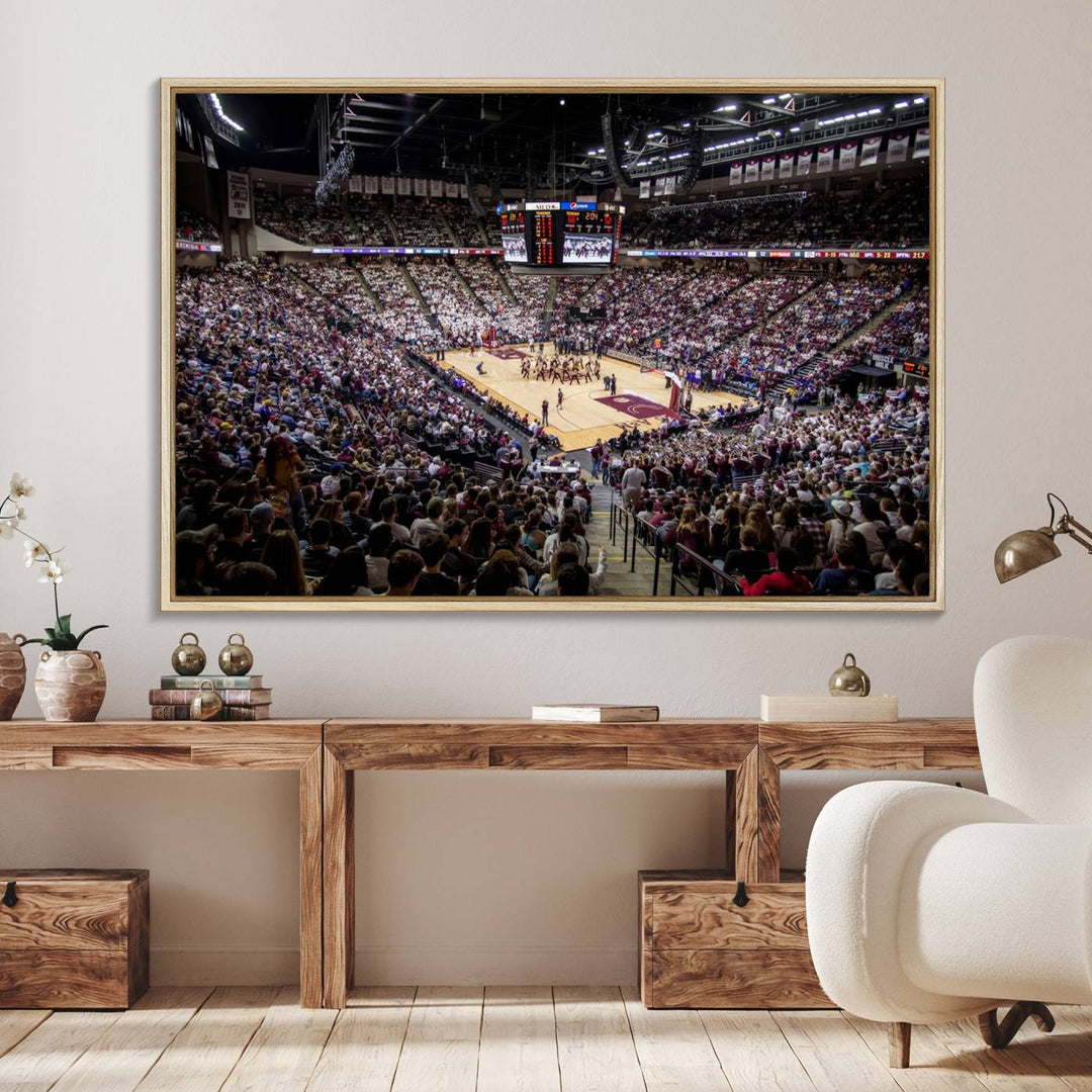 The Nebraska Basketball Arena Wall Art Canvas features an arena filled with Cornhuskers fans and players beneath a scoreboard.