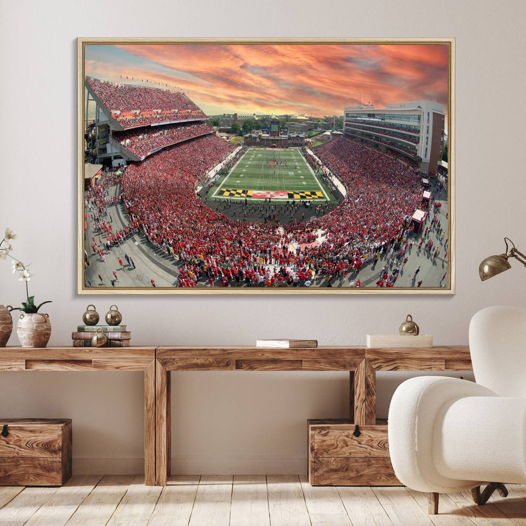 A packed SECU Stadium at sunset, ideal for your University of Maryland Terrapins Football Team wall art canvas print.