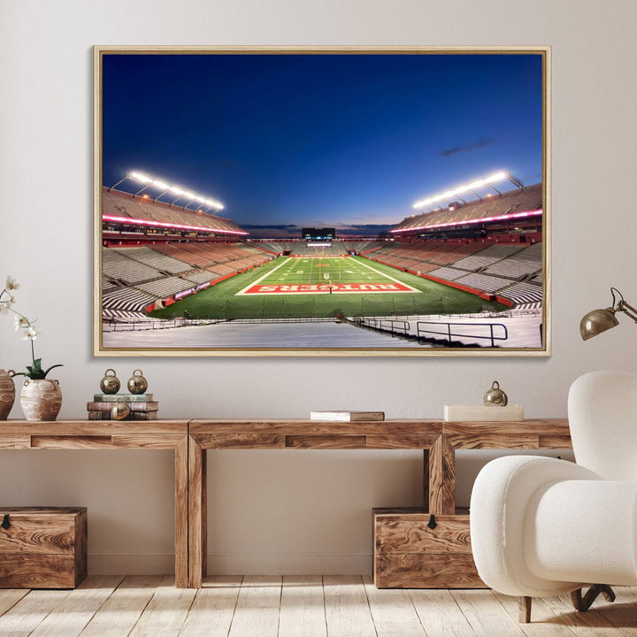 A large SHI Stadium at dusk, ideal for a Rutgers Scarlet Knights Football Team canvas print.