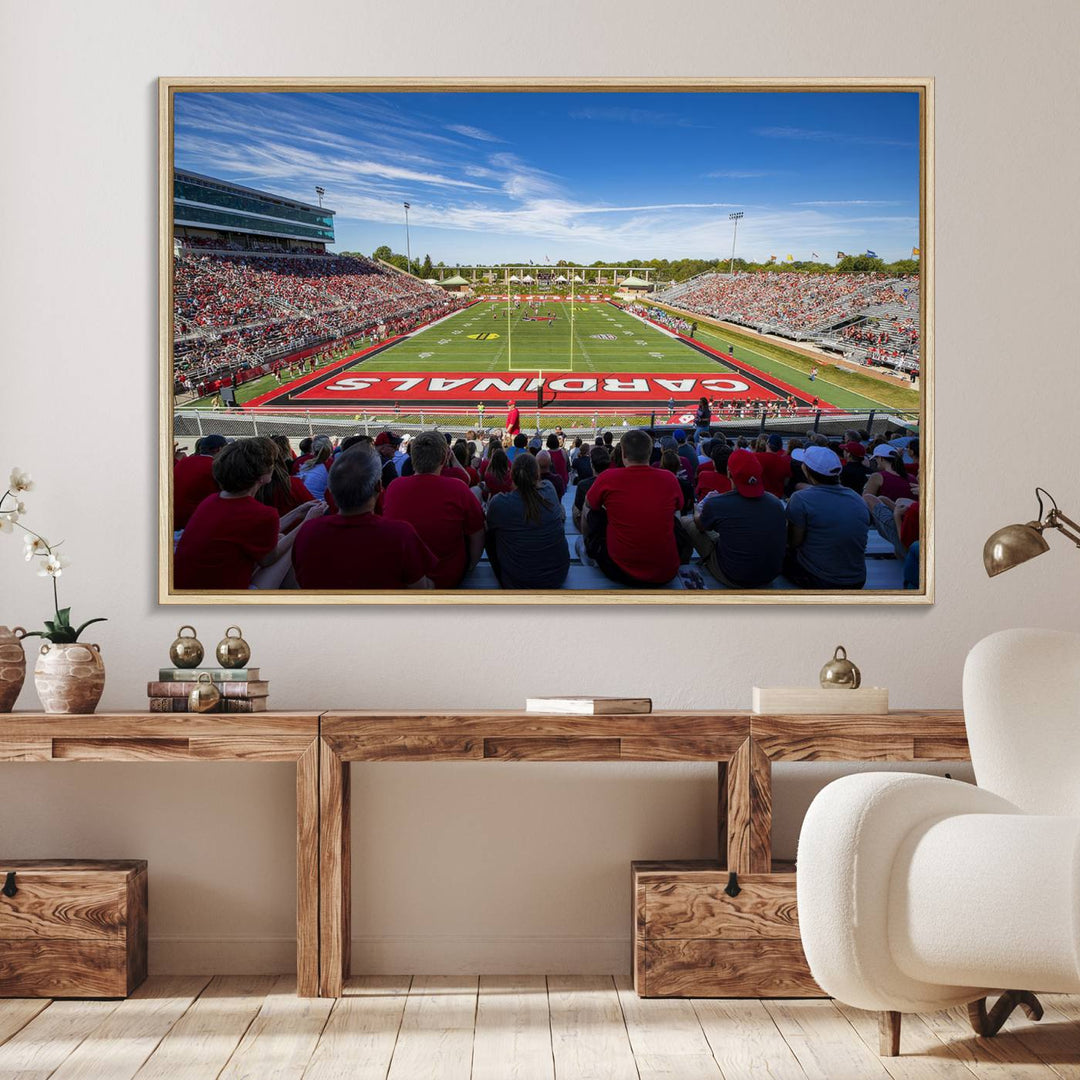 The Ball State Cardinals wall art on canvas depicts fans in red at Scheumann Stadium.