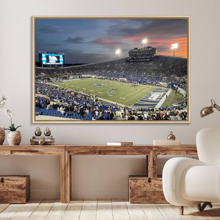 A Memphis Tigers football canvas print of Simmons Bank Liberty Stadium at sunset enhances the living room.