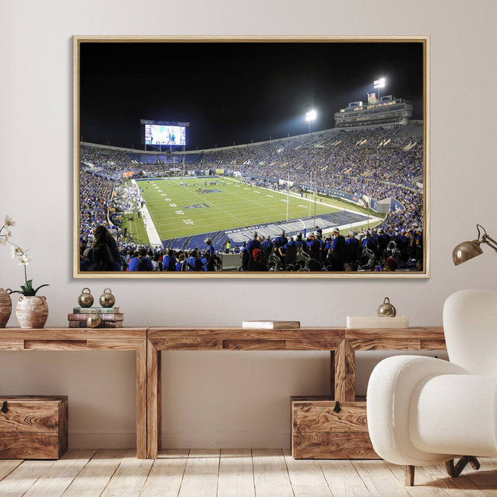 A vibrant depiction of Liberty Stadium at night, highlighting a Tigers football game on the large screen with stands filled with enthusiastic fans.