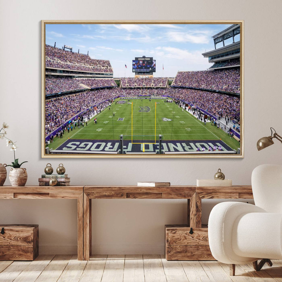 The TCU Horned Frogs print portrays a vibrant Amon G. Carter Stadium, filled with energy and game action.