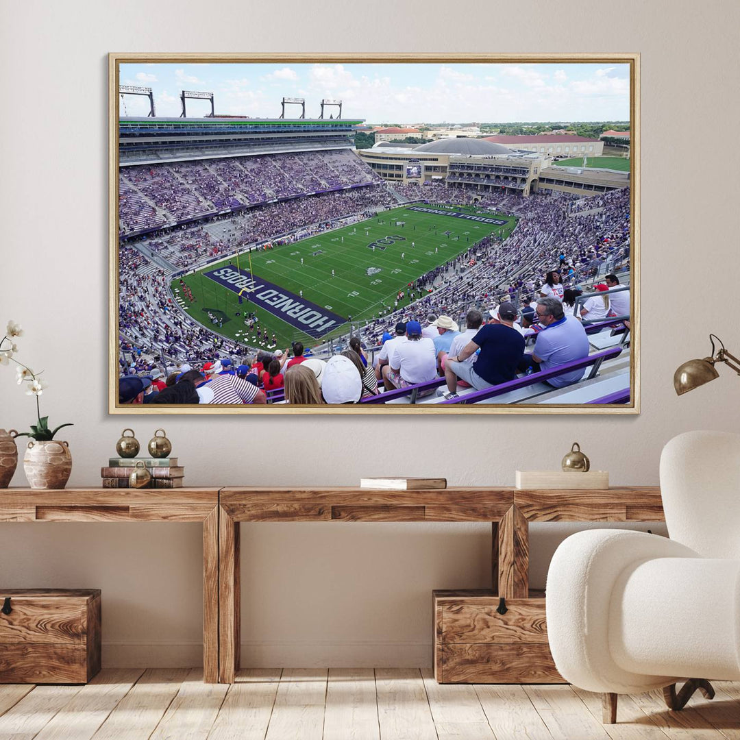 Amon G. Carter Stadium wall art canvas showcasing the TCU Horned Frogs and packed stands at Fort Worth.