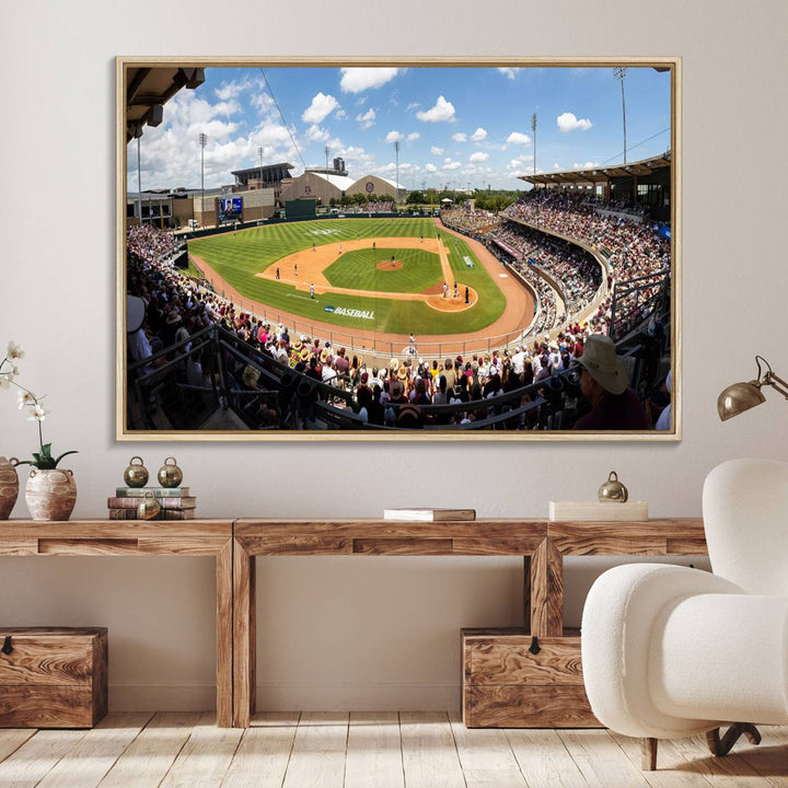 A baseball stadium under a blue sky, capturing the energy of The Texas A&M Aggies Athletics Kyle Field Wall Art.