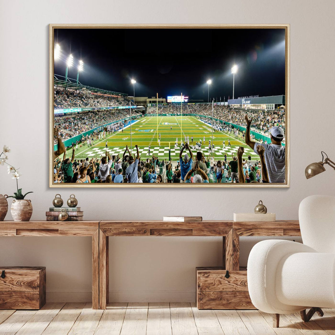 This vibrant wall art canvas print captures the excitement of fans cheering for the Tulane Green Wave Football Team under the lights of Yulman Stadium.