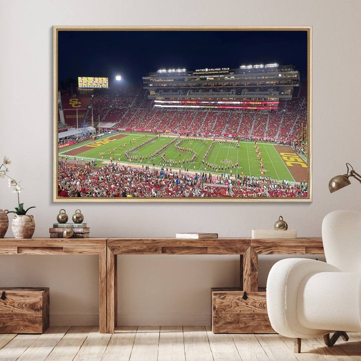 Canvas print depicting a packed stadium at night with a marching band forming USC, celebrating the Trojans at Los Angeles Memorial Coliseum.