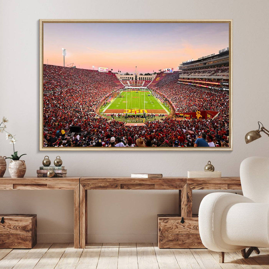 A USC Trojans wall art canvas print highlights the scene, depicting the Coliseum Stadium at sunset.