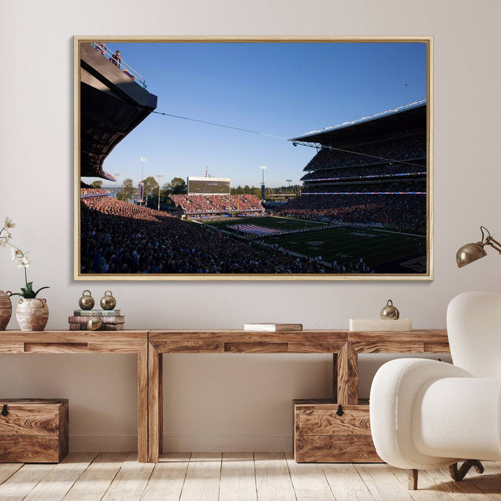 The University of Washington Huskies wall art print depicts Husky Stadium coming alive with fans as flags flutter.