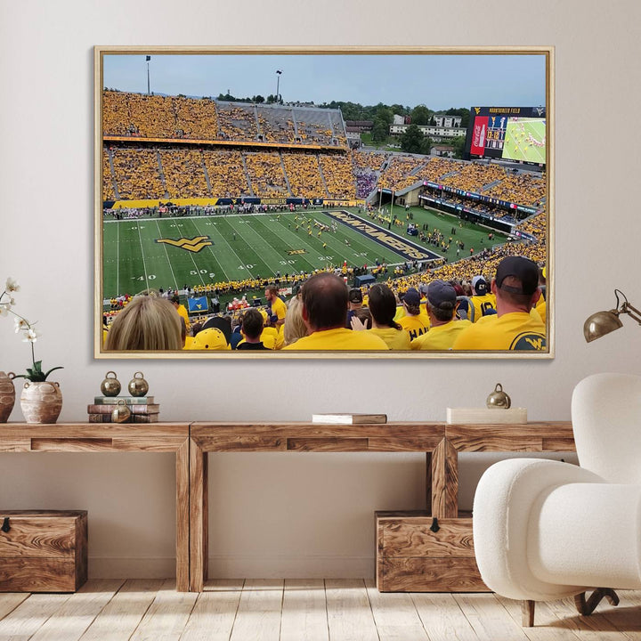 A Puskar Stadium canvas print decorates the modern living room shelf.