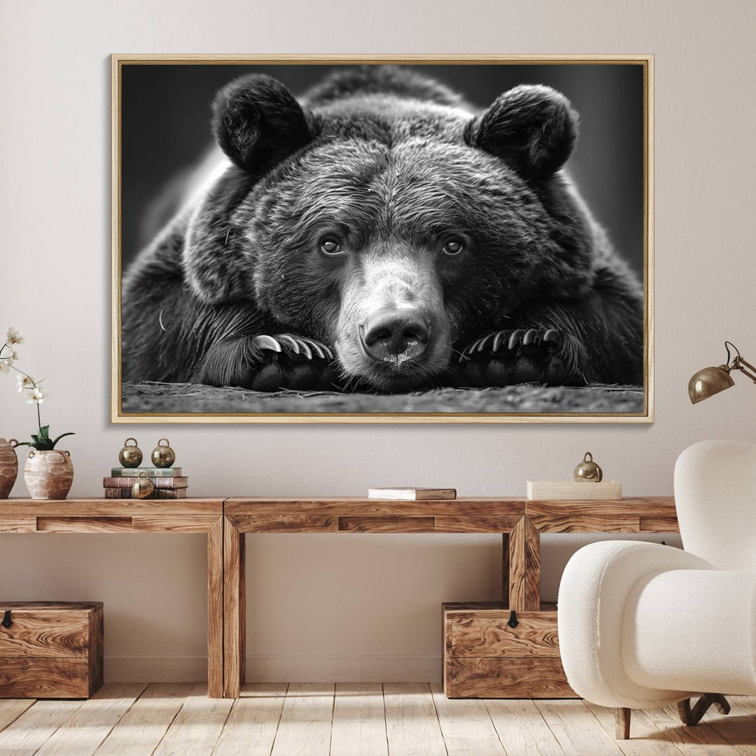 A black and white canvas print titled Resting Grizzly 399 Bear is displayed prominently.