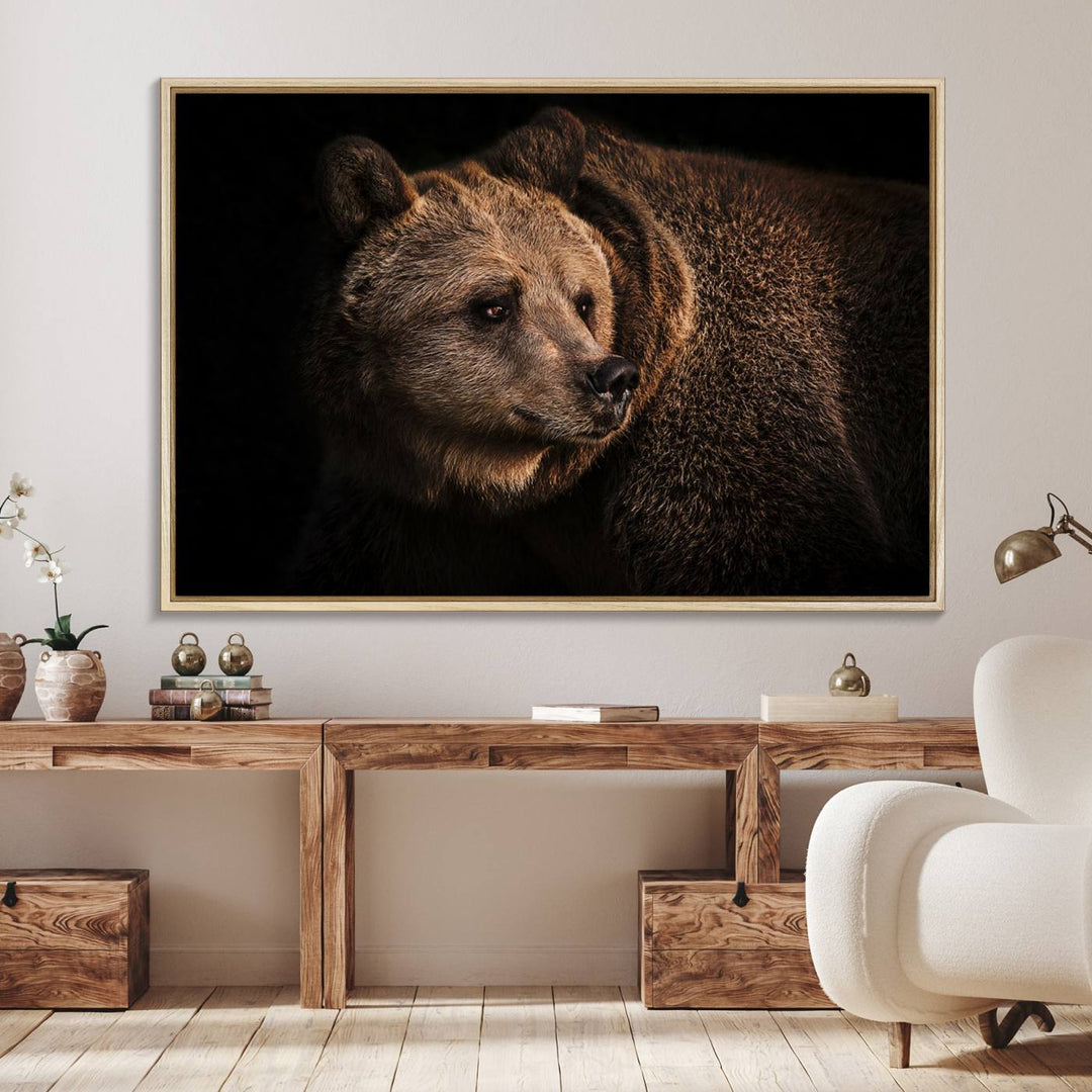 The Wild Grizzly 399 Bear Canvas Wall Art Print enhances modern living rooms with its neutral color palette.