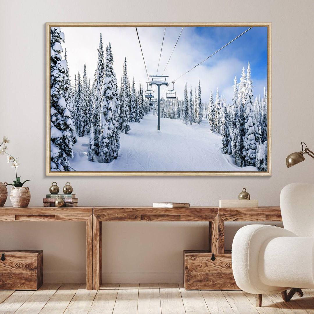 Winter Ski Lift Wall Art Print: Snowy Mountain Adventure, ideal for cabin or farmhouse decor under a clear blue sky.