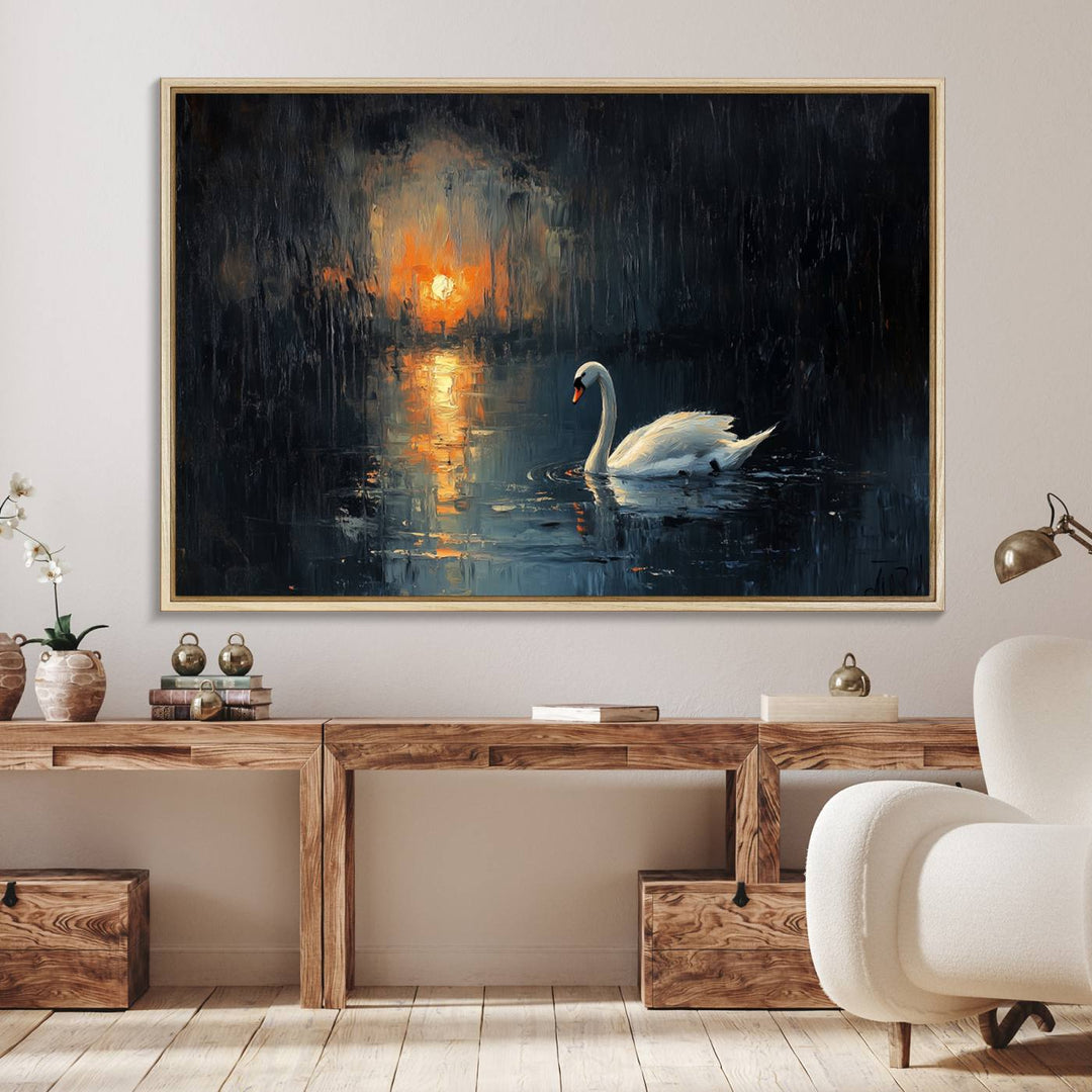 The Abstract Swan on Water Canvas Print depicts a swan on a dark lake in an elegant, modern style.