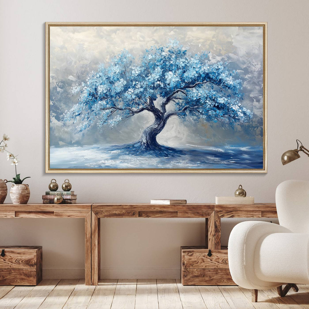 Abstract Blue Tree Art Print featuring textured blues and grays, perfect for farmhouse decor.