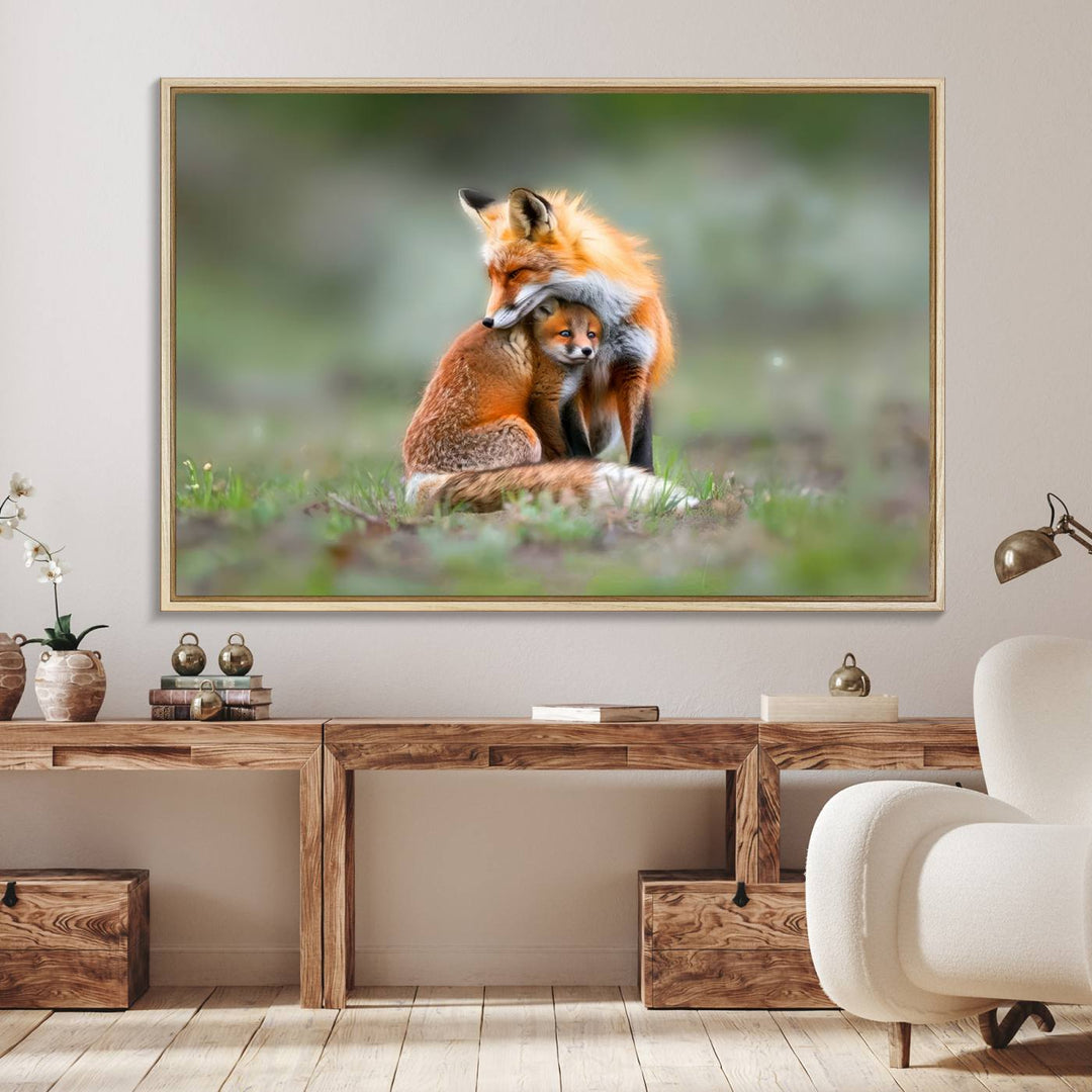 Heartwarming Fox and Baby Cub Wall Art - ready to hang, ideal for animal lovers, rustic decor, and cabin wall art.