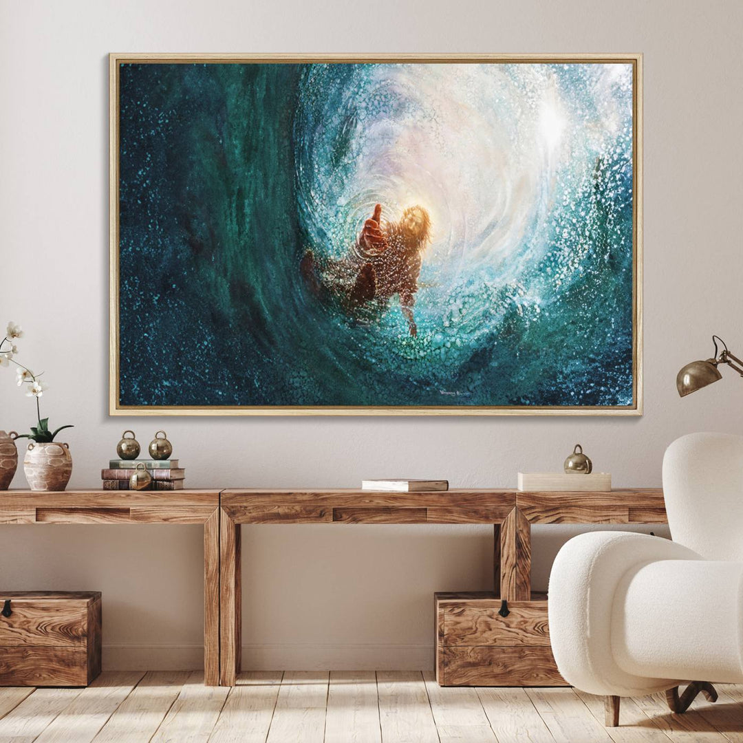 A swimmer heads towards light in an ethereal vortex on the Powerful Jesus Canvas Print - Hand of Salvation, Inspirational Wall Art.