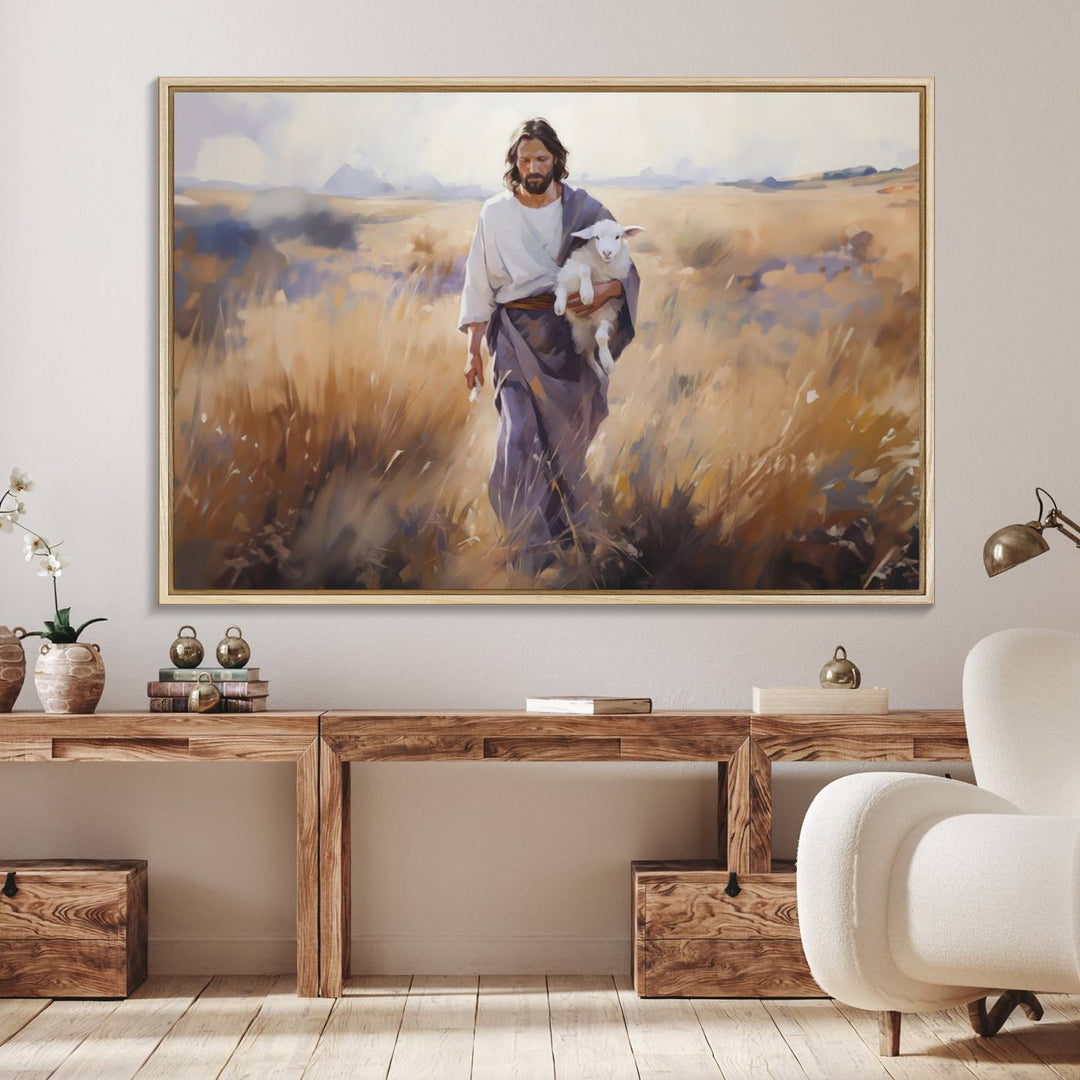 A canvas art piece depicts a bearded man carrying a lamb in a field, reminiscent of Jesus the Good Shepherd, ideal for prayer room decor.