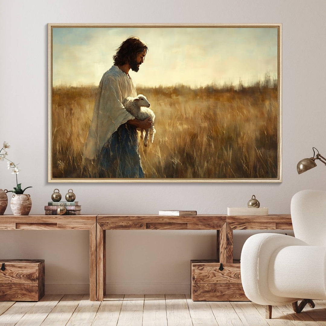 The Jesus the Good Shepherd wall art print depicts Jesus gently holding a lamb under a clear sky.