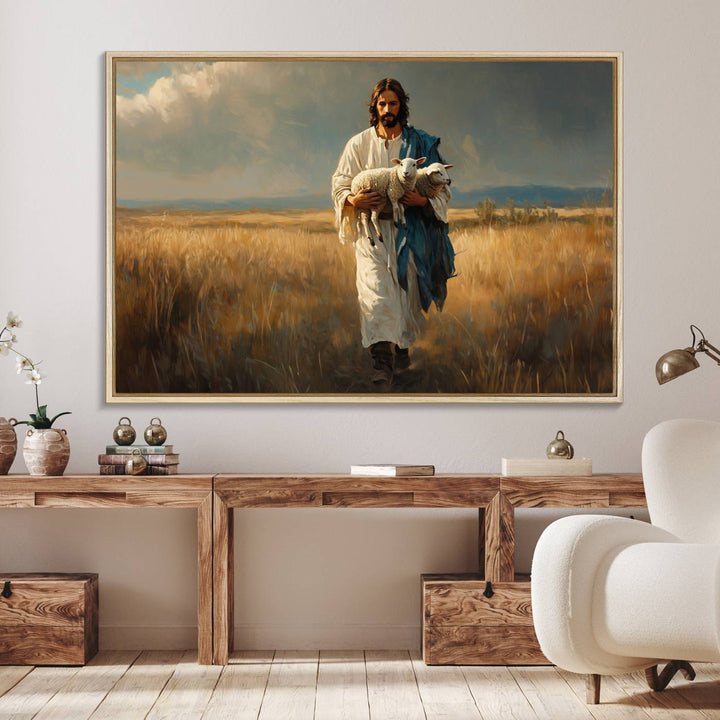 This Jesus Shepherd Wall Art depicts a figure in a white robe carrying a lamb, making it an ideal piece of Christian decor for your home.