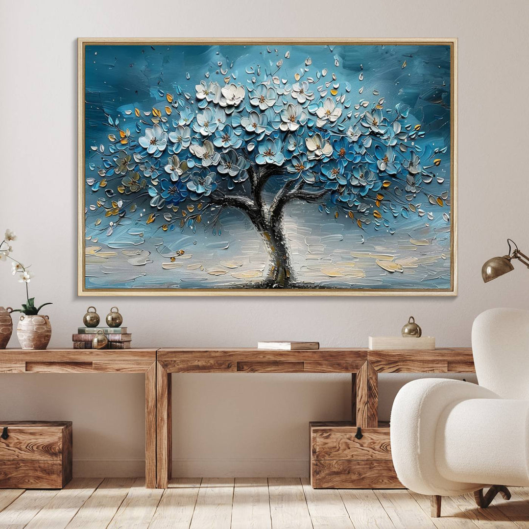 Abstract Blooming Tree Wall Art Print features blue, white, and gold textures on museum-quality canvas, perfect for modern decor.