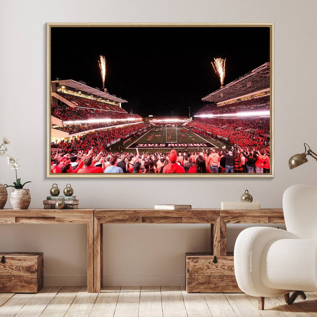 At Corvallis Reser Stadium, vibrant wall art captures the spirit of Oregon State Beavers football against a backdrop of a fireworks-lit night sky.