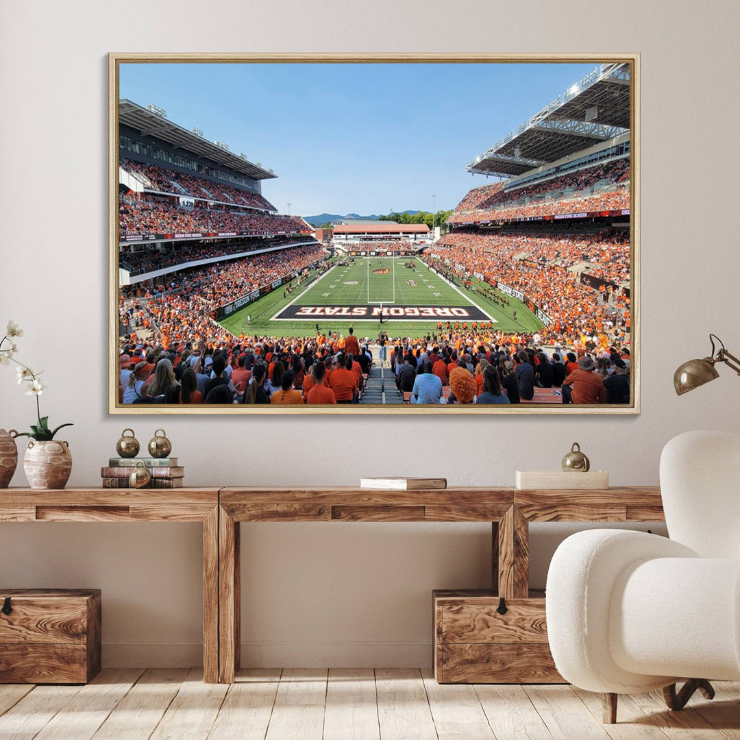 Wide-angle view of Corvallis Reser Stadium with Oregon State field, depicted in Beavers team print canvas art.