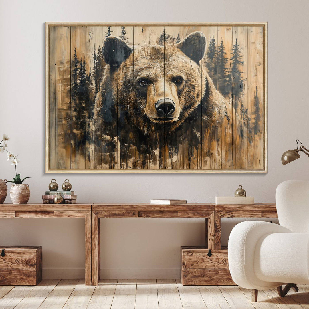 Majestic Grizzly 399 Bear 3-panel rustic canvas print with woodland theme.